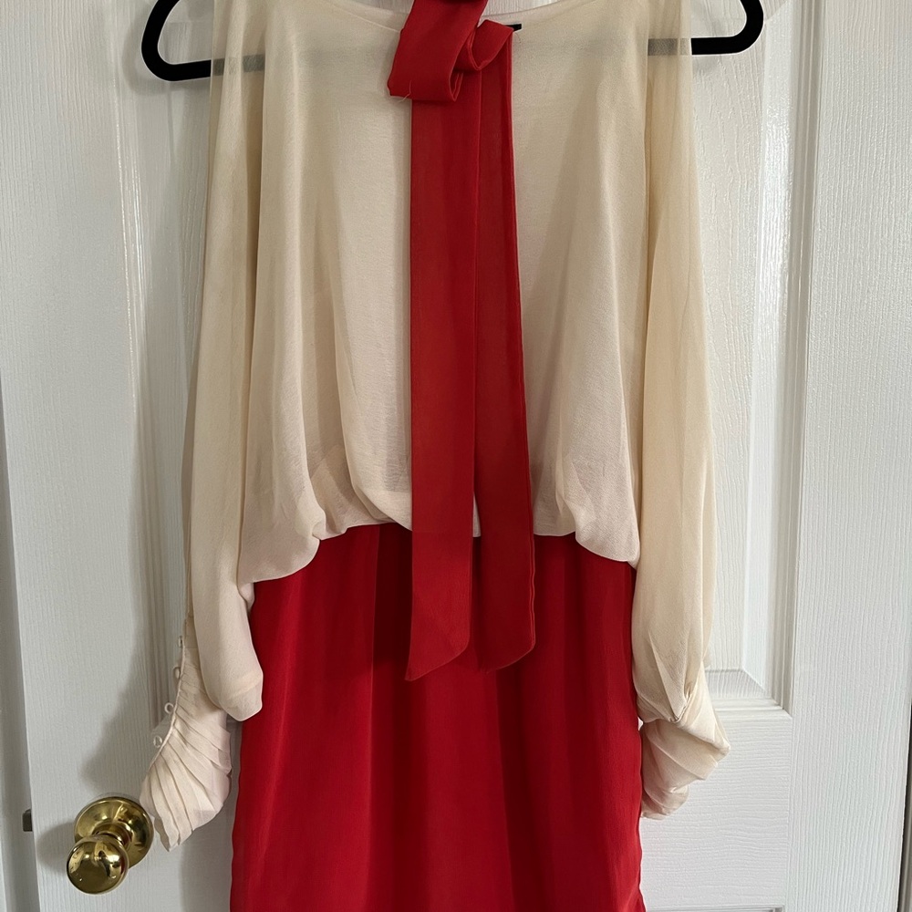 Elegant Red and Cream Dress with Bow Detail